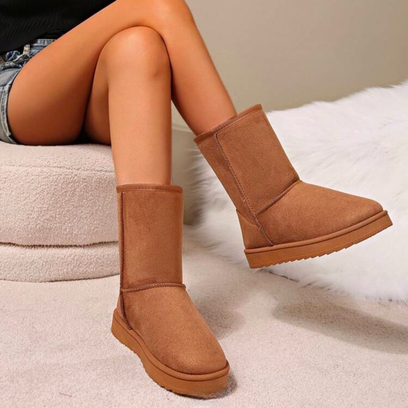 Women’s Solid Color Tan Fleece Mid-Calf Warm Snow Boots - Picture 1 of 4